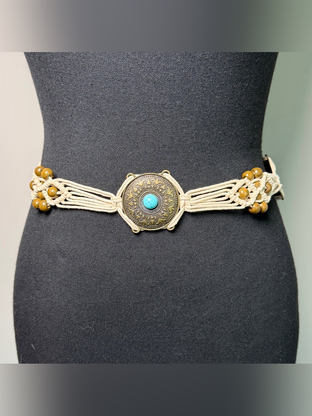 Vintage Macramé Belt Turquoise Brass Concho Wood Bead Fringe Tie Cream 70s Boho